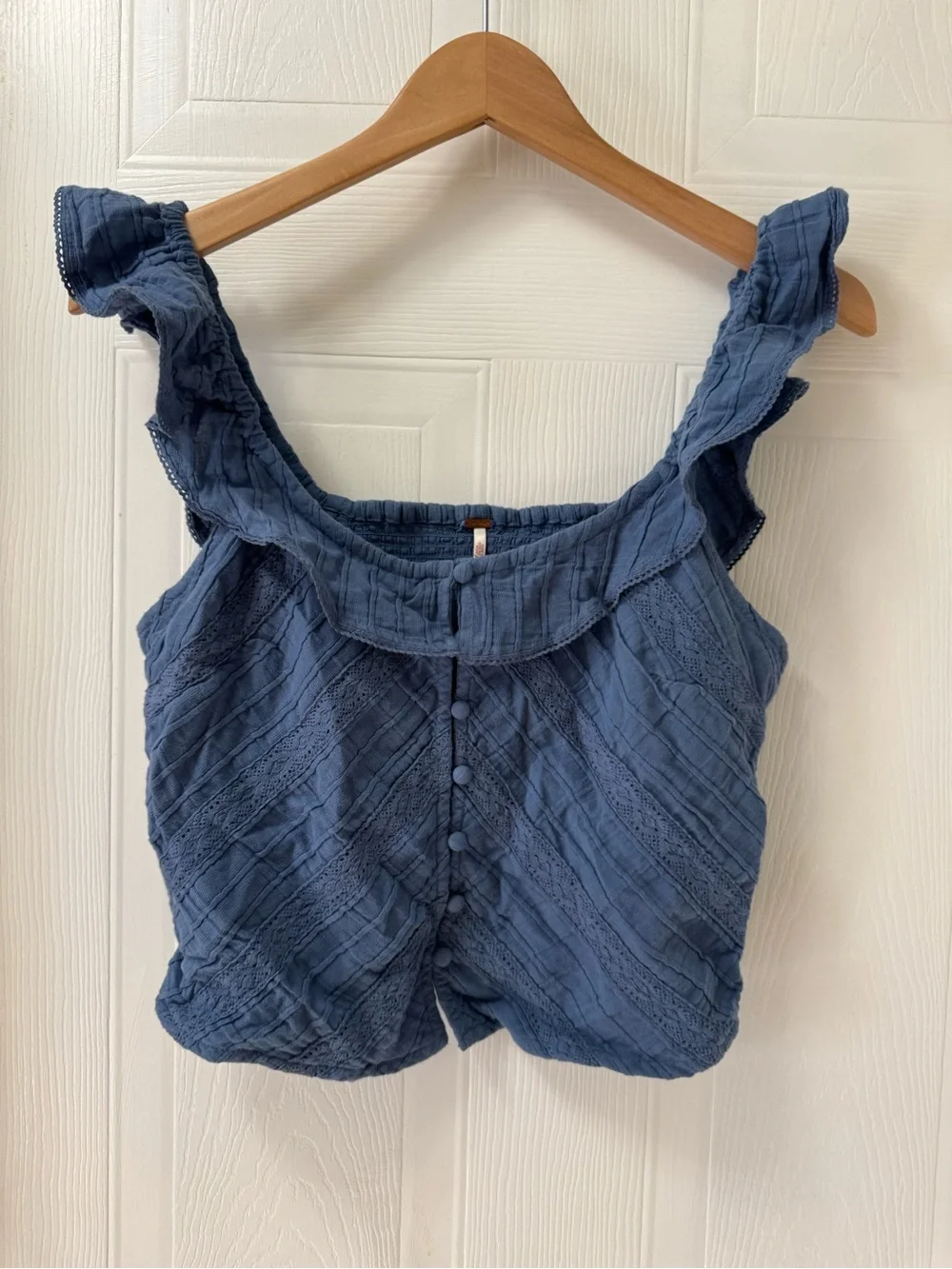 Free People Blue Textured Ruffle Scoop Crop Camisole